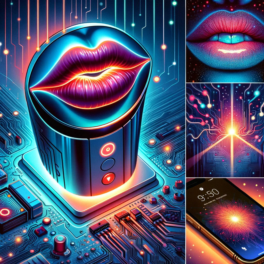 4 abstract brightly coloured images referencing lips and technology. 1. A set of lips on a computer chip. 2. Set of lips. 3. A circuit board diagram with bright light emanating from the centre. 4. a mobile phone with a colourful light on the screen. 