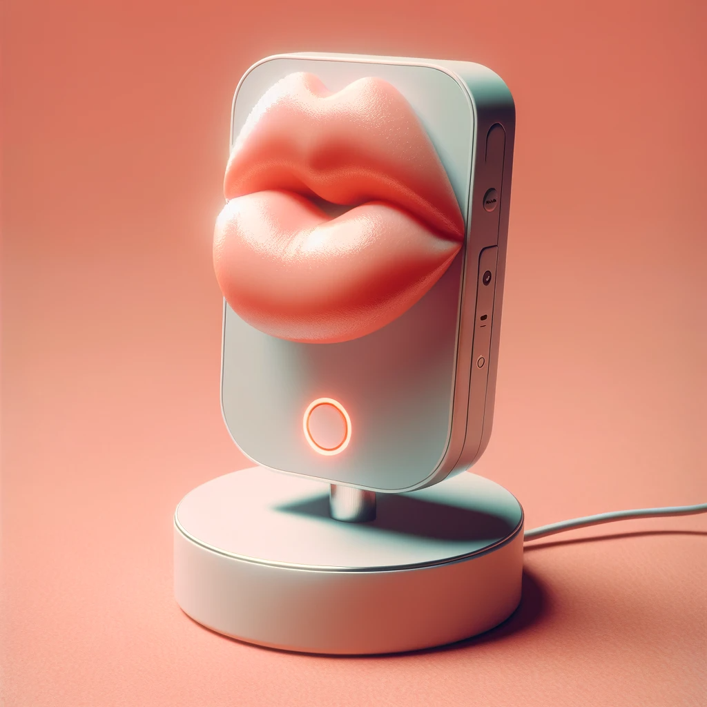 A fake mobile phone on a stand with an electrical cable coming out of it. On the mobile phone face is a set of big pink lips. Picture