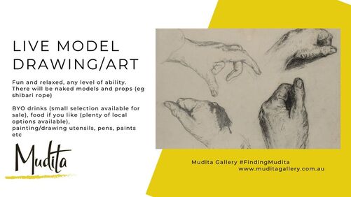 An old advertisement for a Mudita Gallery event - Live Model Drawing / Art. The Mudita logo and an image of 4 sketched hands. 
